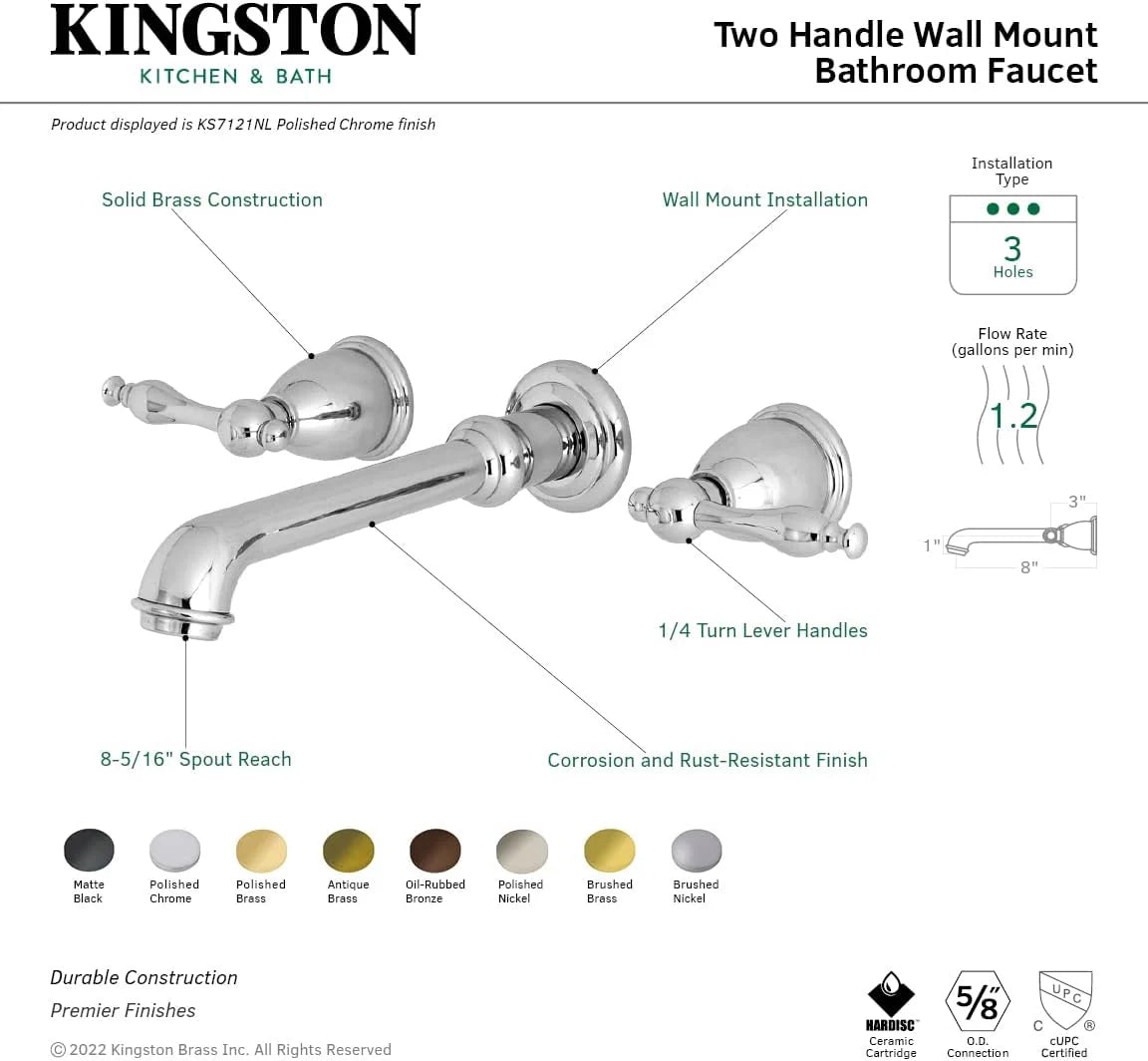 Kingston Brass KS7120NL Naples 20 cm centralny uchwyt ścienny bateria łazienkowa, matowa czerń
