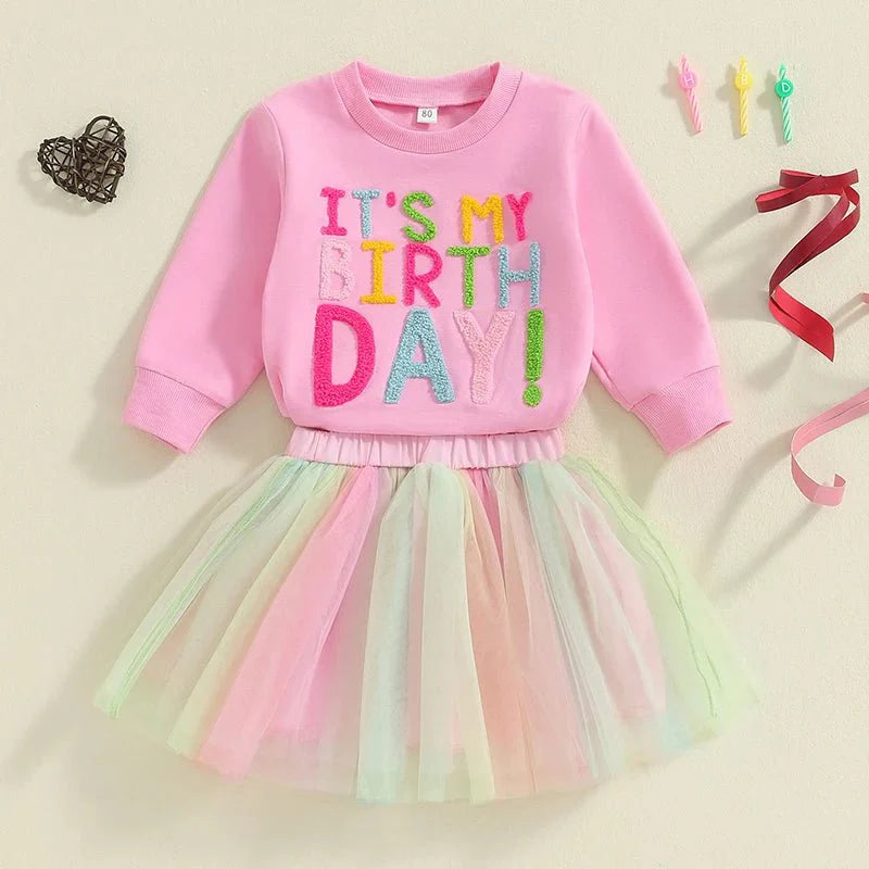 Kids Girls Outfit Long Sleeve Embroidery Letters Sweatshirt Tulle Skirt Birthday Clothes