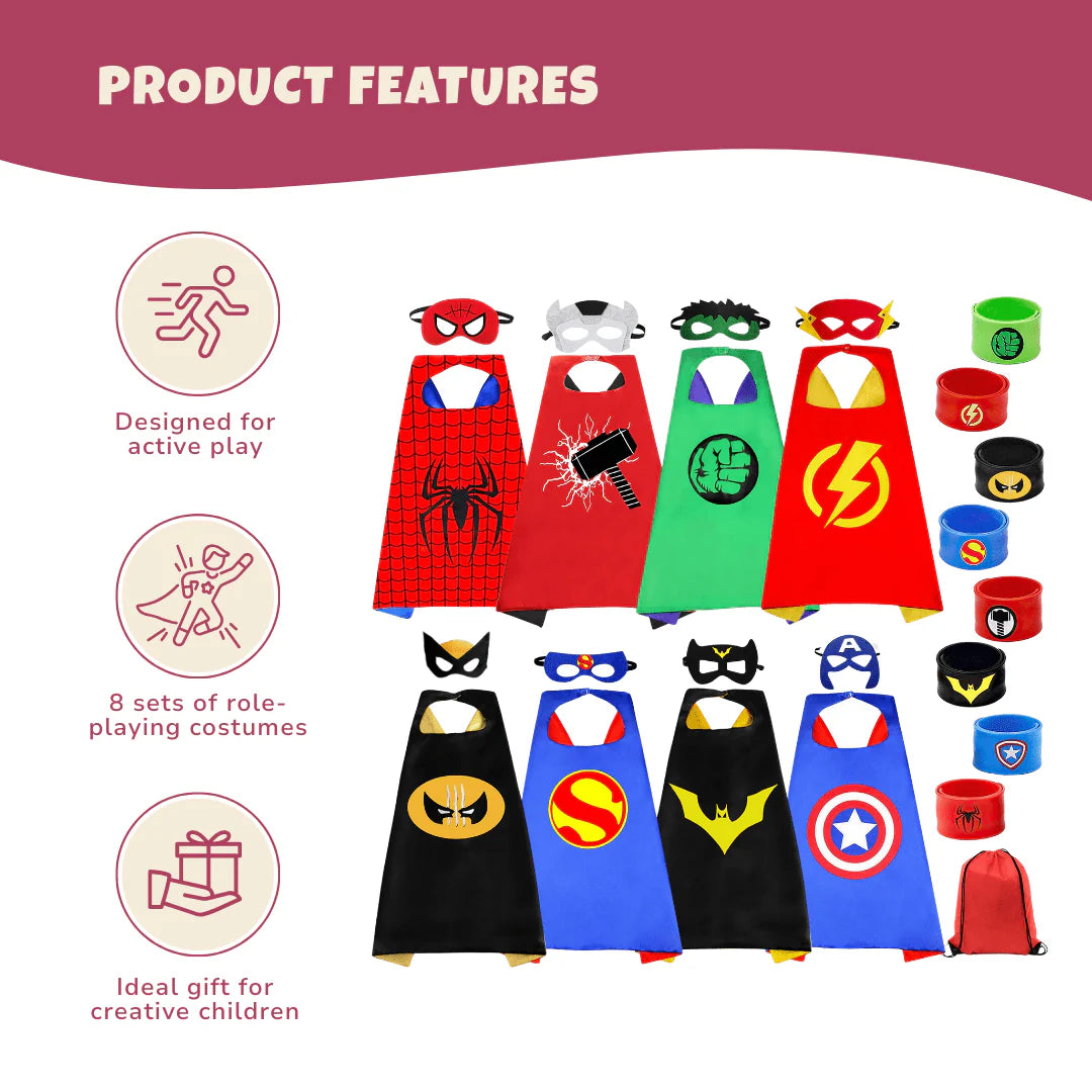 8-Pack Superhero Costume Set with Capes, Masks & Wristbands for Kids