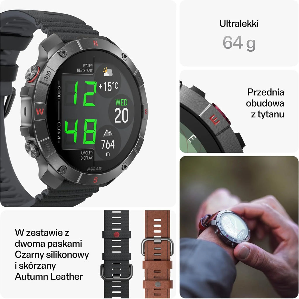Polar Grit X2 Pro z GPS klasy premium – wytrzymały zegarek outdoorowy. Zaawansowana nawigacja i monitorowanie danych, sensor tętna i inne bioczujniki zaprojektowane dla najlepszej wydajności