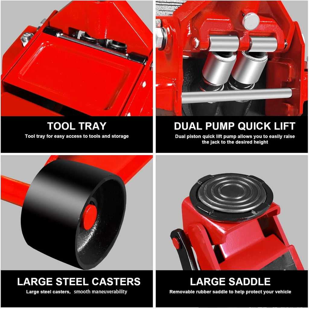 3 Ton Low Profile, Aluminum and Steel Racing Floor Jack with Dual Pistons Quick Lift Pump for Sport Utility Vehicle, Lifting Range 3-15/16 min to 18-5/16 max, Red