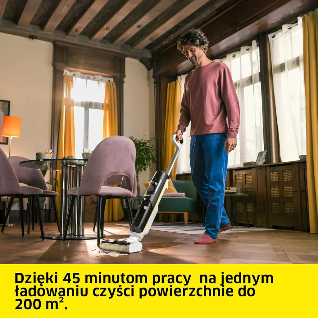 Kärcher bezprzewodowy mop odkurzający FCV 4 Dry Extra, 4 tryby czyszczenia, bateria: ok. 45 min, powierzchnia użytkowa na jedno ładowanie: ok. 200 m², stacja czyszcząca, ładująca i susząca