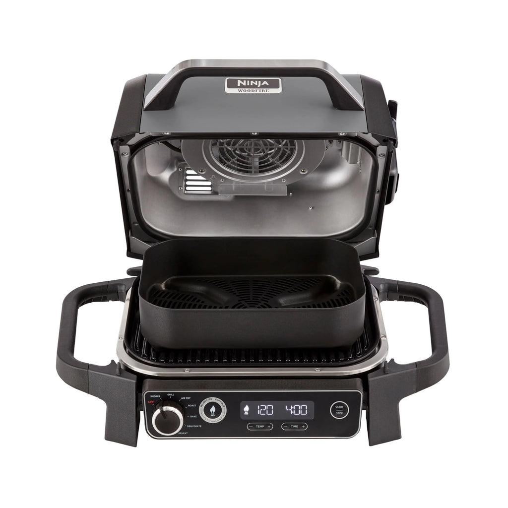 Ninja Woodfire Grill elektryczny, wędzarnia i frytkownica beztłuszczowa, 7 w 1, zewnętrzny, wędzenie, opiekanie, ciasta, odporny na pogodę, nieprzywierający, przenośny, szary/czarny OG701EU