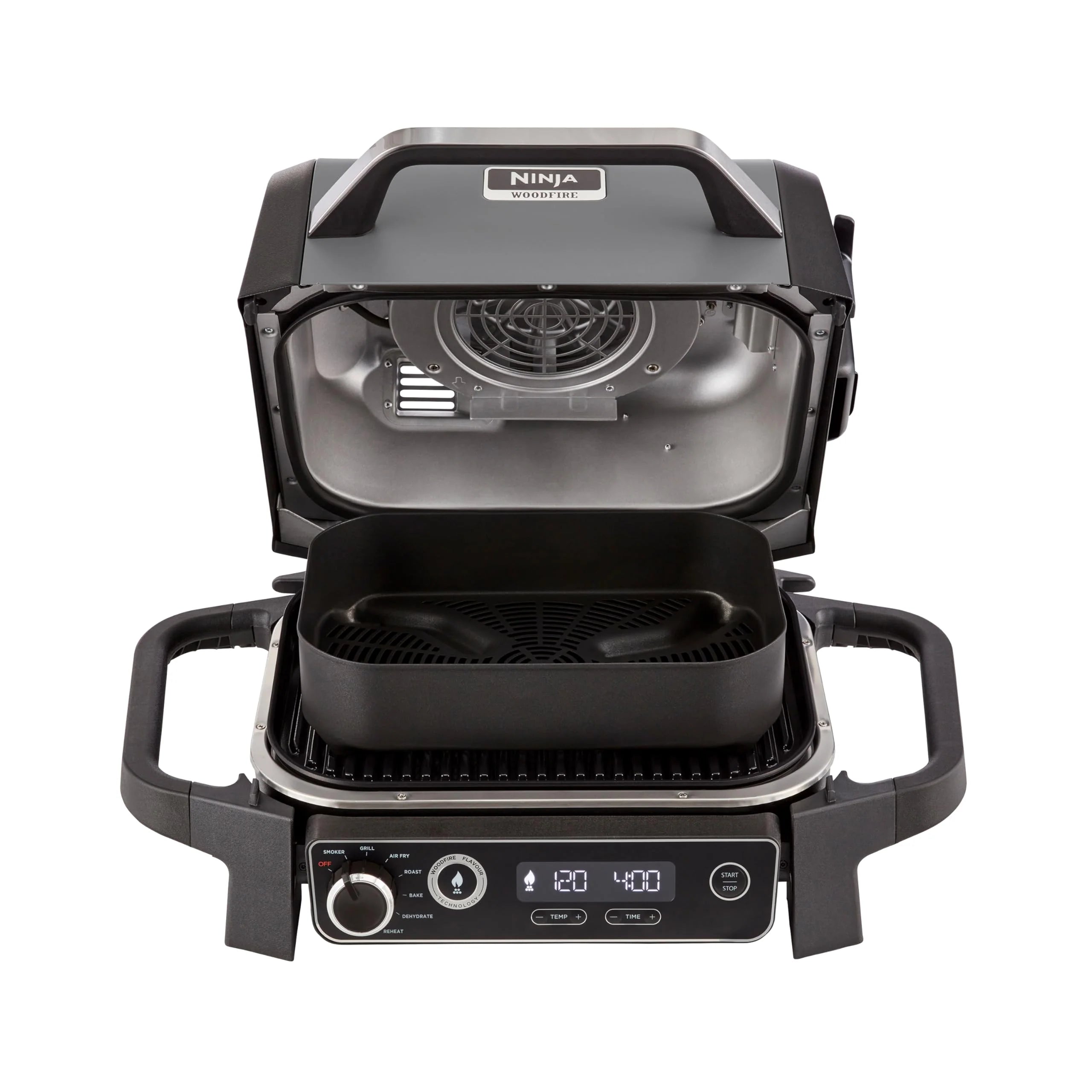 Ninja Woodfire Grill elektryczny, wędzarnia i frytkownica beztłuszczowa, 7 w 1, zewnętrzny, wędzenie, opiekanie, ciasta, odporny na pogodę, nieprzywierający, przenośny, szary/czarny OG701EU