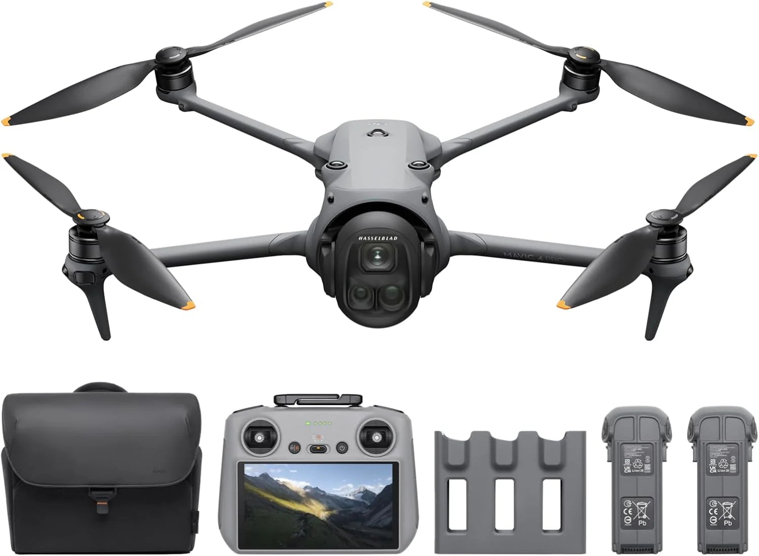 Pakiet DJI Mavic 4 Pro Fly Więcej z DJI RC 2, flagowy trójkomorowy dron z kamerą Hasselblad 100 MP i 4/3 CMOS, transmisja 30 km, czas lotu 51 min, centrum ładowania
