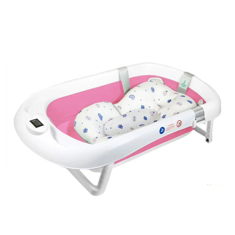Foldable Baby Bathtub with Integrated Bath Cushion and Thermometer
