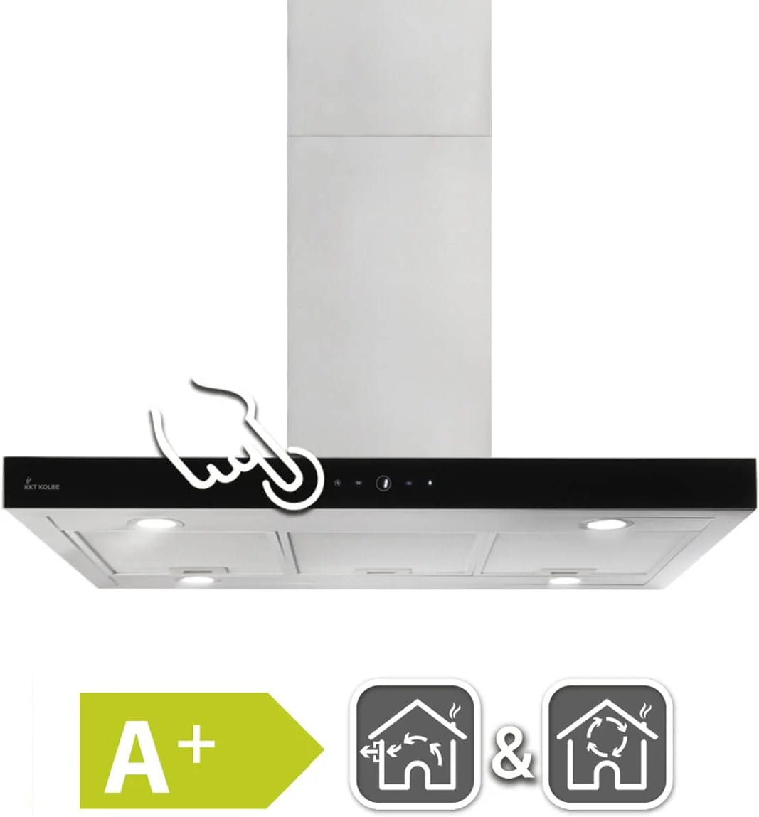 KKT KOLBE Okap kuchenny 90 cm, stal nierdzewna, czarne szkło, aplikacja Smart WiFi, funkcja automatycznego dopływu, obsługa SensorTouch, Delta-Insel-HC