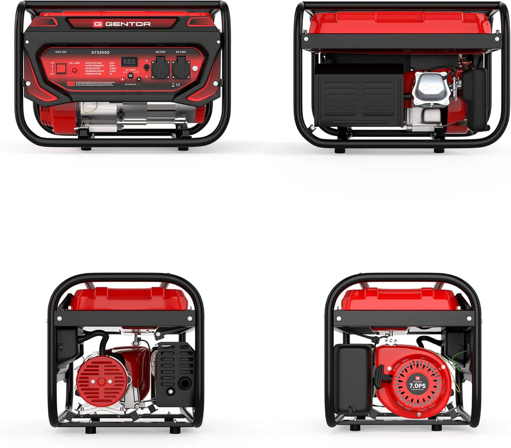 GENTOR generator prądu awaryjnego benzyna cichy 2200 Watt 7.0HP, generatory prądu 4-suwowy silnik benzynowy, 2x 230V, 1x 12V, pull-start, dla kempingu, na zewnątrz, warsztat, dom