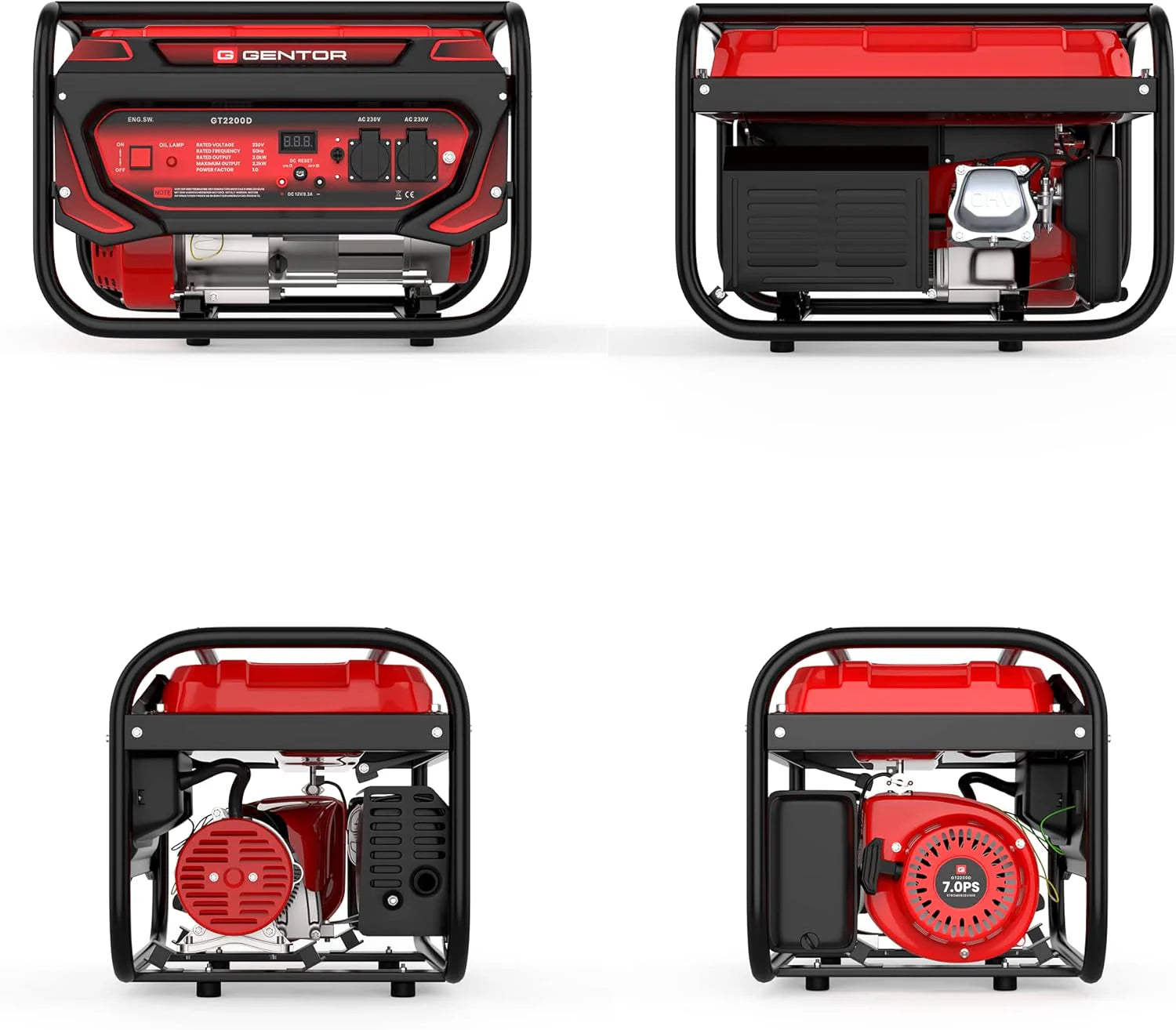 GENTOR generator prądu awaryjnego benzyna cichy 2200 Watt 7.0HP, generatory prądu 4-suwowy silnik benzynowy, 2x 230V, 1x 12V, pull-start, dla kempingu, na zewnątrz, warsztat, dom