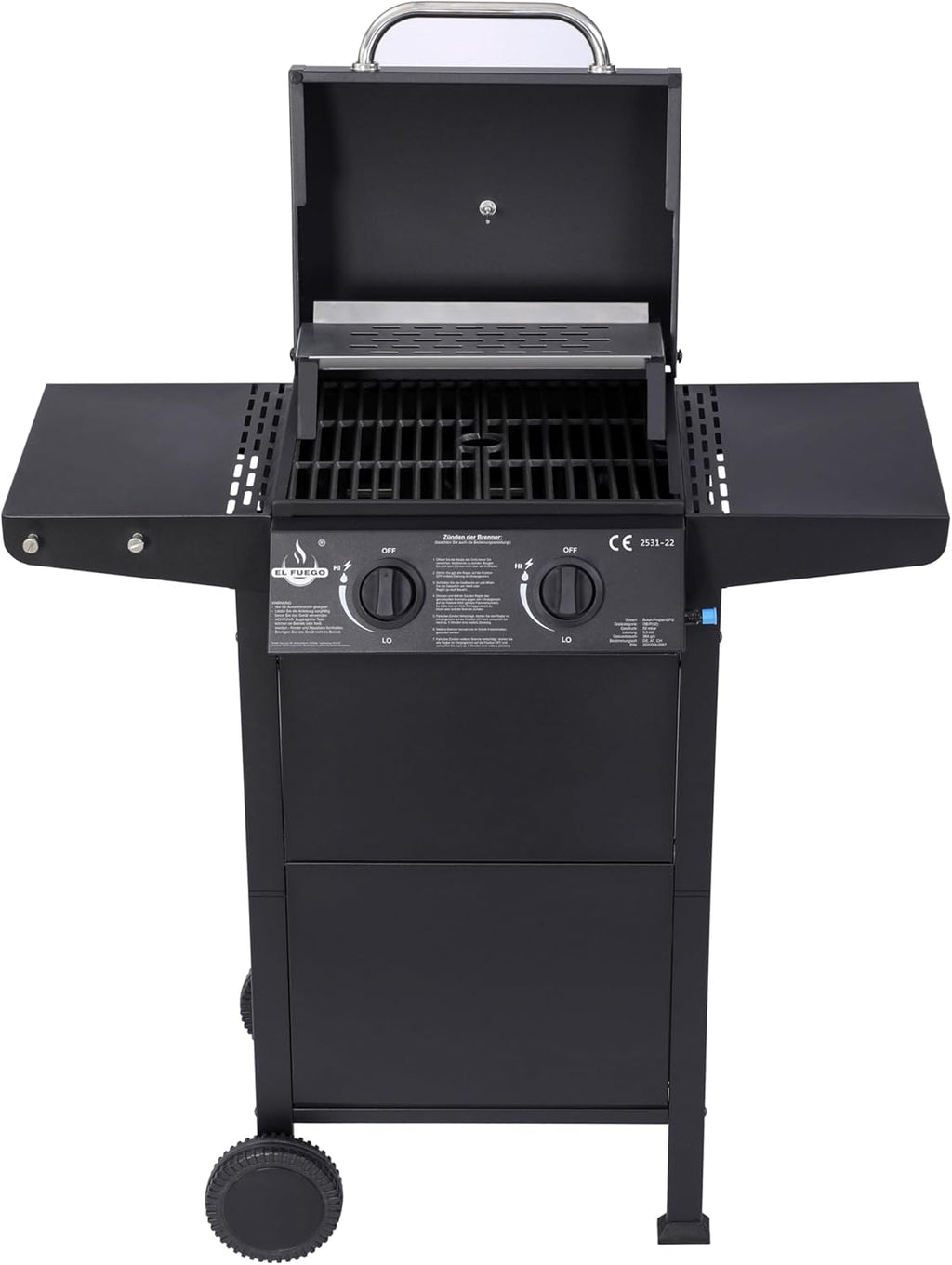 Grill gazowy San Jose 2 palniki firmy El Fuego®, w zestawie wąż gazowy i reduktor ciśnienia, ruszt do grillowania z żeliwa, z termometrem i dużymi półkami bocznymi, grill BBQ | AY0204