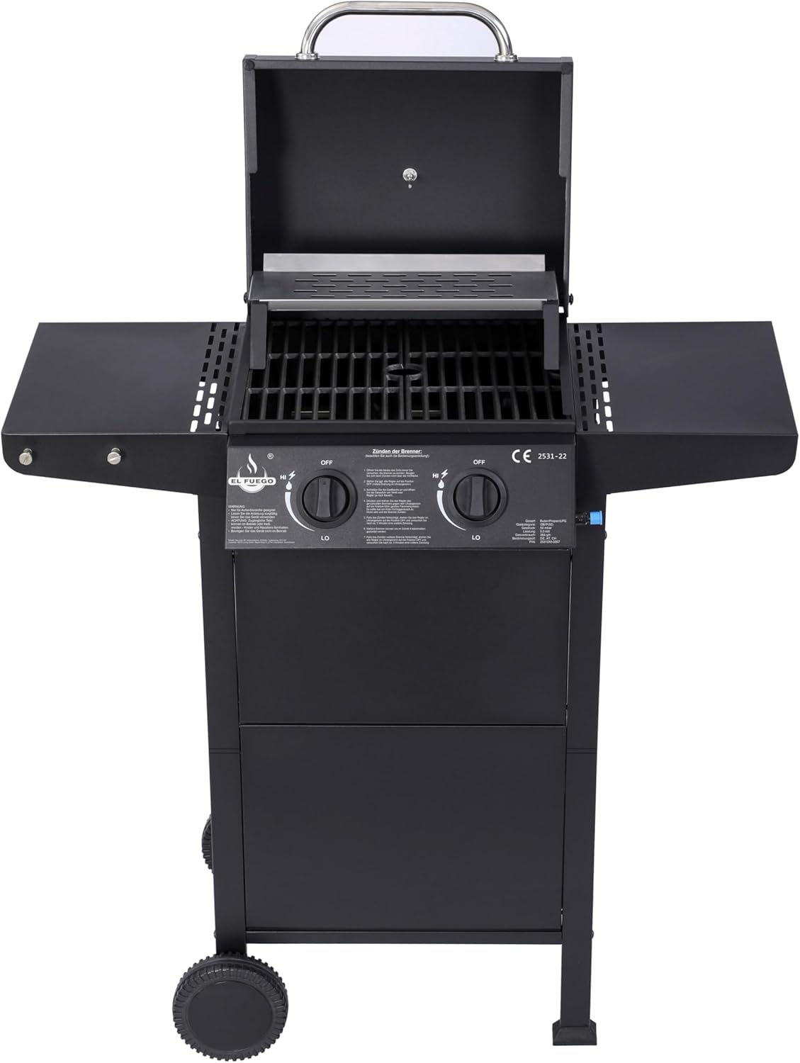 Grill gazowy San Jose 2 palniki firmy El Fuego®, w zestawie wąż gazowy i reduktor ciśnienia, ruszt do grillowania z żeliwa, z termometrem i dużymi półkami bocznymi, grill BBQ | AY0204