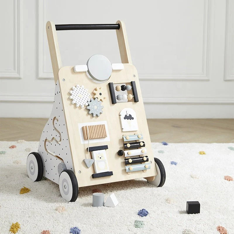 Wooden Baby Walker with Activity Board and Adjustable Wheel Resistance