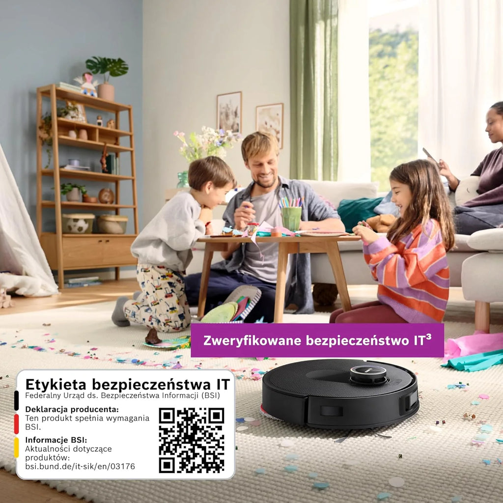 Bosch Spotless Max Robot sprzątający z funkcją mopowania, moc ssania 11 000 Pa, wysuwana nakładka mopującą, stacja czyszczącą, nawigacją Smart Vision, aplikacja Bosch Home Connect, BCRDW3B, czarny
