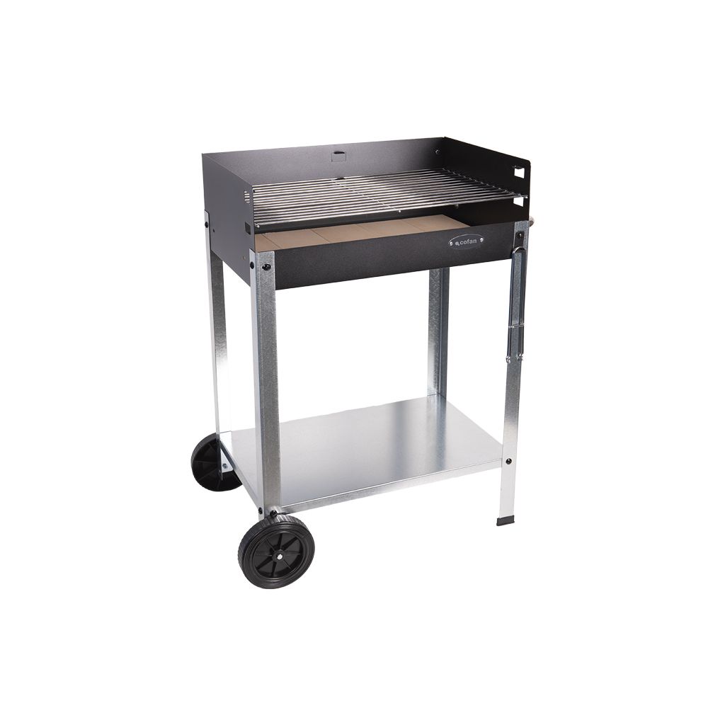 Grill węglowy Cofan z kółkami | Regulowany grill | Z cegłą ogniotrwałą i uchwytem bocznym | Łatwy transport | Duża powierzchnia do grillowania | Wymiary: 56,7 x 36 x 83 cm