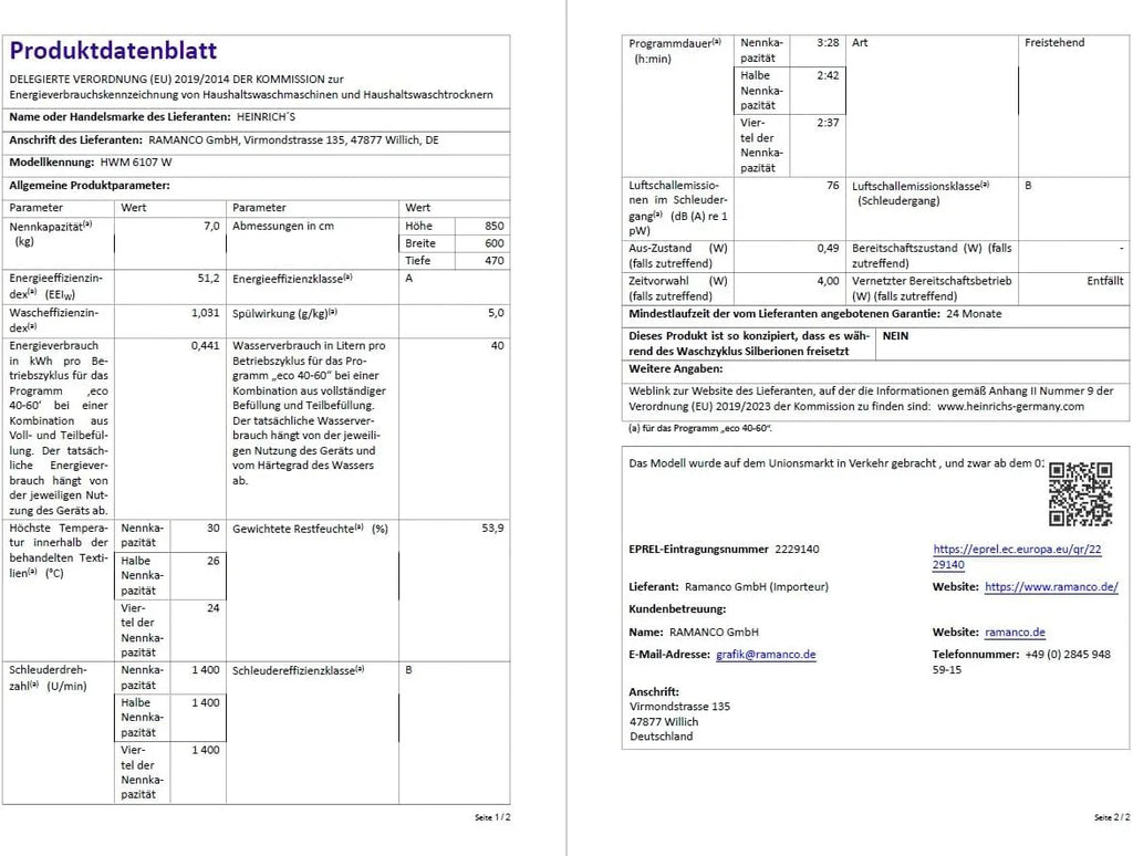 Heinrich´s Pralka, 7 kg, 15 programów, 1400 obr./min, Aqua-Stop, wyświetlacz LED, w zestawie timer, z zabezpieczeniem przed dziećmi, trwały silnik inwerterowy, klasa efektywności energetycznej A