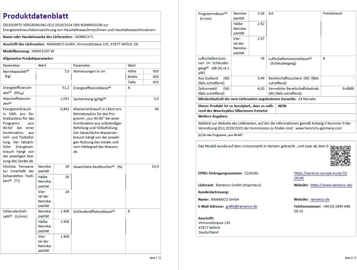 Heinrich´s Pralka, 7 kg, 15 programów, 1400 obr./min, Aqua-Stop, wyświetlacz LED, w zestawie timer, z zabezpieczeniem przed dziećmi, trwały silnik inwerterowy, klasa efektywności energetycznej A