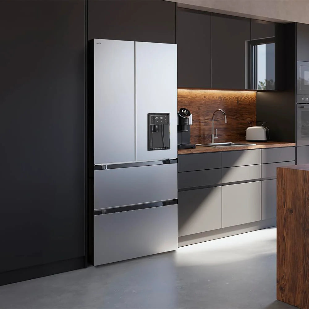 Cecotec Lodówka Francuska Drzwi Inox z dozownikiem wody 510 L Bolero CoolMarket FD 510 WD Inox E. 183 cm Wysoki, 84 cm Szerokość, Silnik Inverter Plus, Niskie zużycie, Łącznie NoFrost