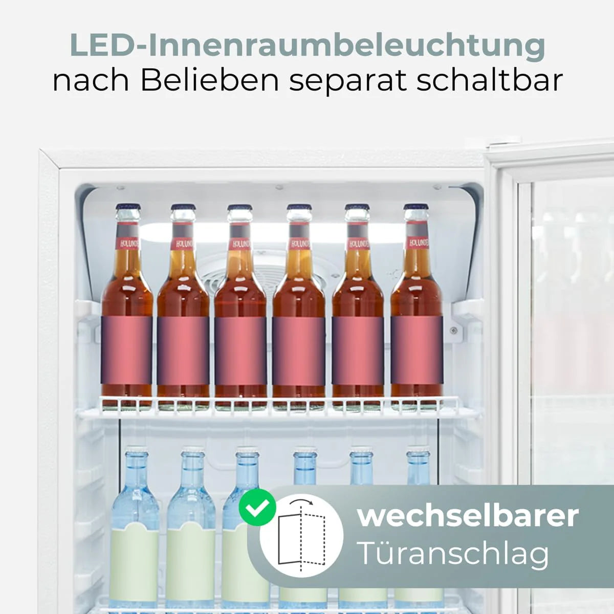 Lodówka Bomann® z drzwiami szklanymi, Klasa energetyczna C, 143 cm, Lodówka na napoje 2-12°C, MultiAirflow, 5 półek drucianych, Odwracalny zawias drzwi, 236 l, Chłodziarka na butelki, KSG 7292, biała