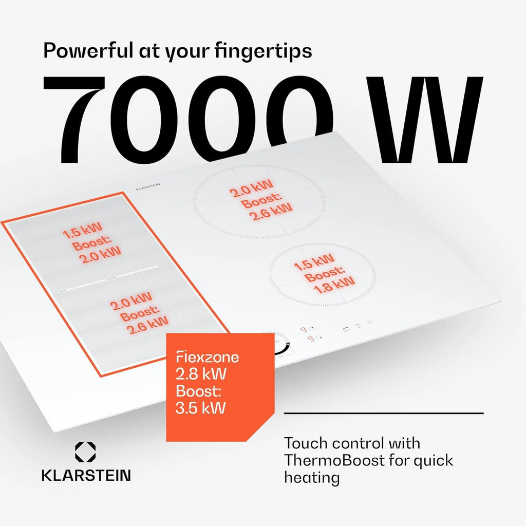 Klarstein Płyta indukcyjna, płyta kuchenna z ceramiki szklanej, 7000 W, płyta indukcyjna z 4 płytami, płyta indukcyjna do zabudowy z ekranem dotykowym i timerem, nowoczesne płyty grzewcze z