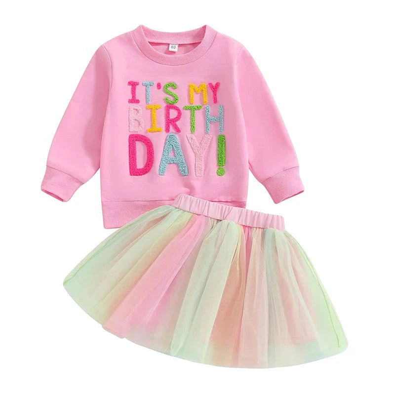 Kids Girls Outfit Long Sleeve Embroidery Letters Sweatshirt Tulle Skirt Birthday Clothes