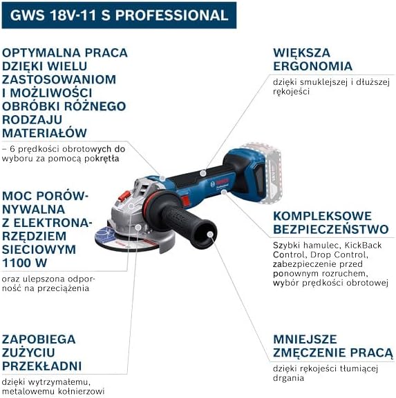 Bosch Professional 18 V firmy Bosch: akumulatorowa szlifierka kątowa GWS 18V-11 S (Ø tarczy 125 mm, 2x GBA 5.0Ah, ładowarka GAL 1880, walizka L-BOXX)