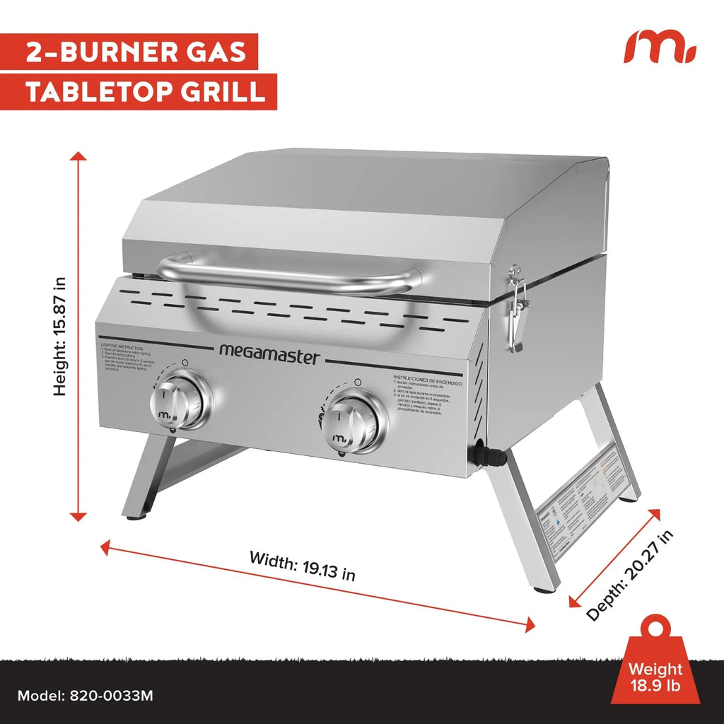 Megamaster Wysokiej jakości grill do gotowania na świeżym powietrzu z 2 palnikami, na kemping, do kuchni na zewnątrz, na patio, ogród, grill z dwiema składanymi nogami, srebrny ze stali nierdzewnej