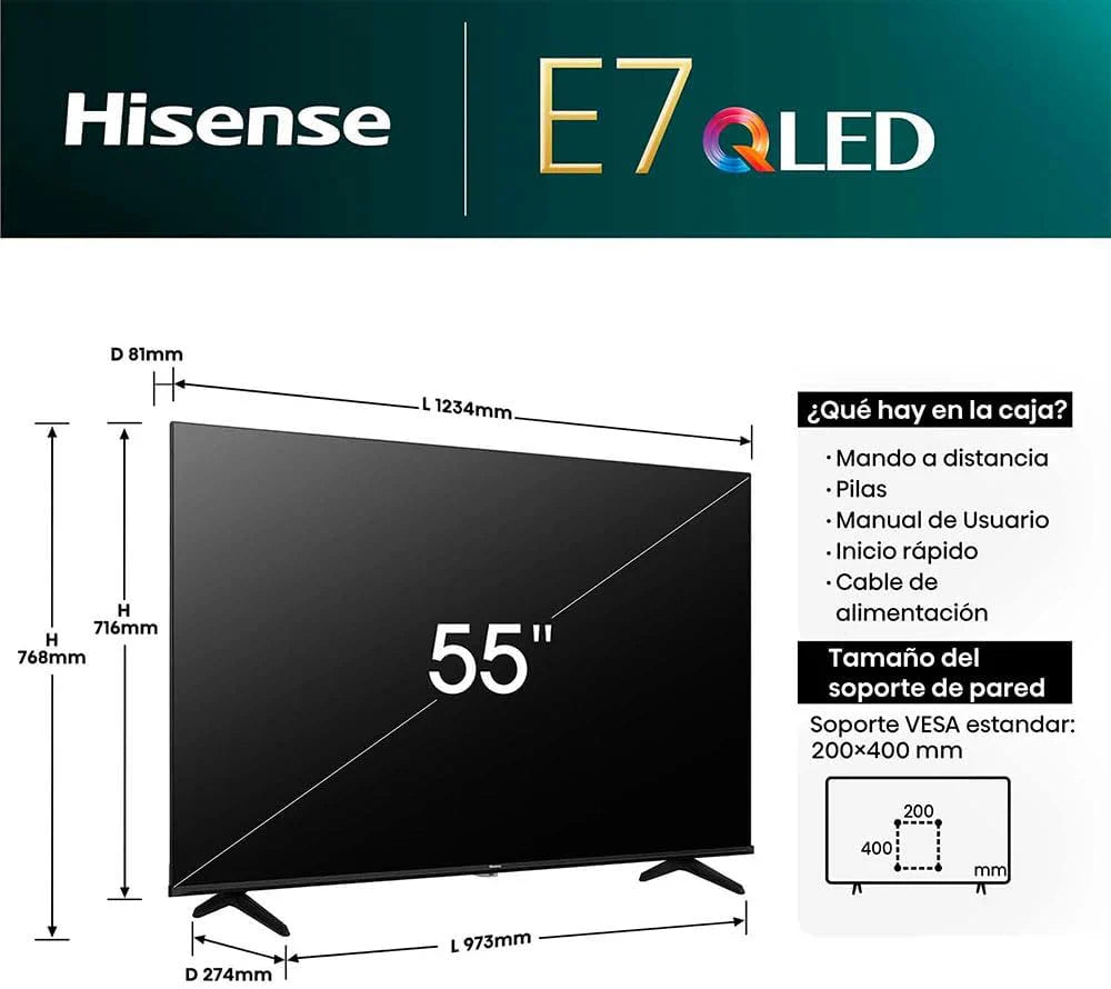 Hisense 50A7KQ QLED VIDAA Smart TV, telewizor 50 cali, z technologią Quantum Dot Colour, 60 Hz VRR, Dolby Vision, Bluetooth i HDMI, udostępnianie na telewizorze, Alexa wbudowana (2023)