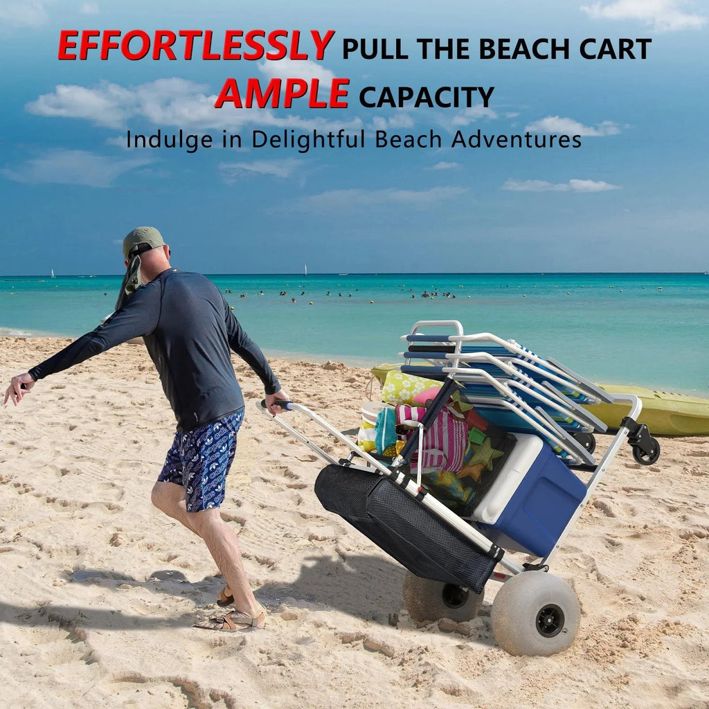 Foldable Beach Cart with Adjustable Handle and 12 Balloon Wheels, Heavy Duty Aluminum 220LBS Capacity