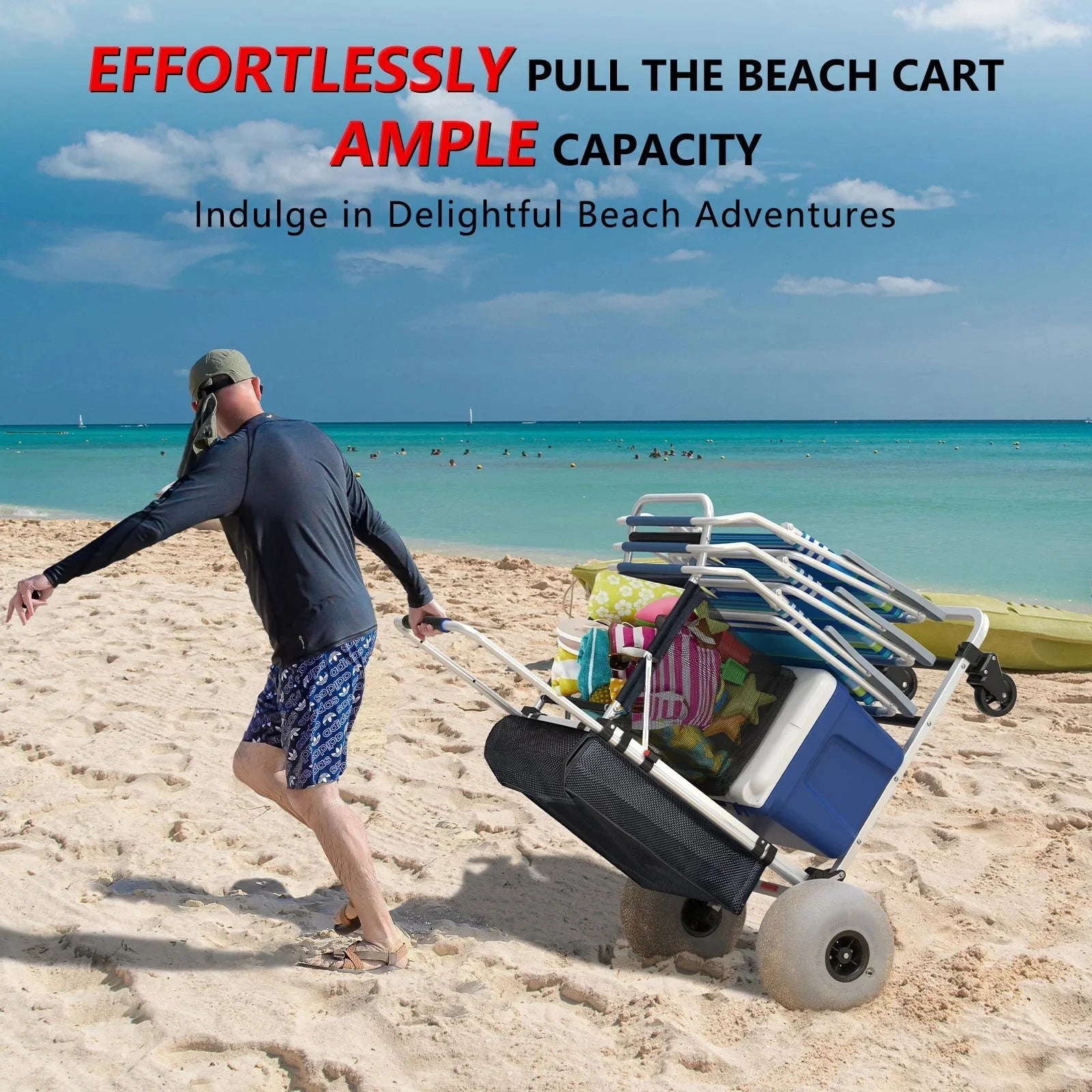 Foldable Beach Cart with Adjustable Handle and 12 Balloon Wheels, Heavy Duty Aluminum 220LBS Capacity