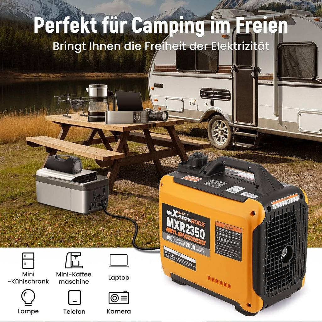 maXpeedingrods Inwerterowy generator prądu, 2000 W, benzynowy, 4-suwowy, z gniazdem USB i gniazdami 230 V, cyfrowy wyświetlacz, kompaktowy i lekki, na kemping, do podróży na świeżym powietrzu, kampera