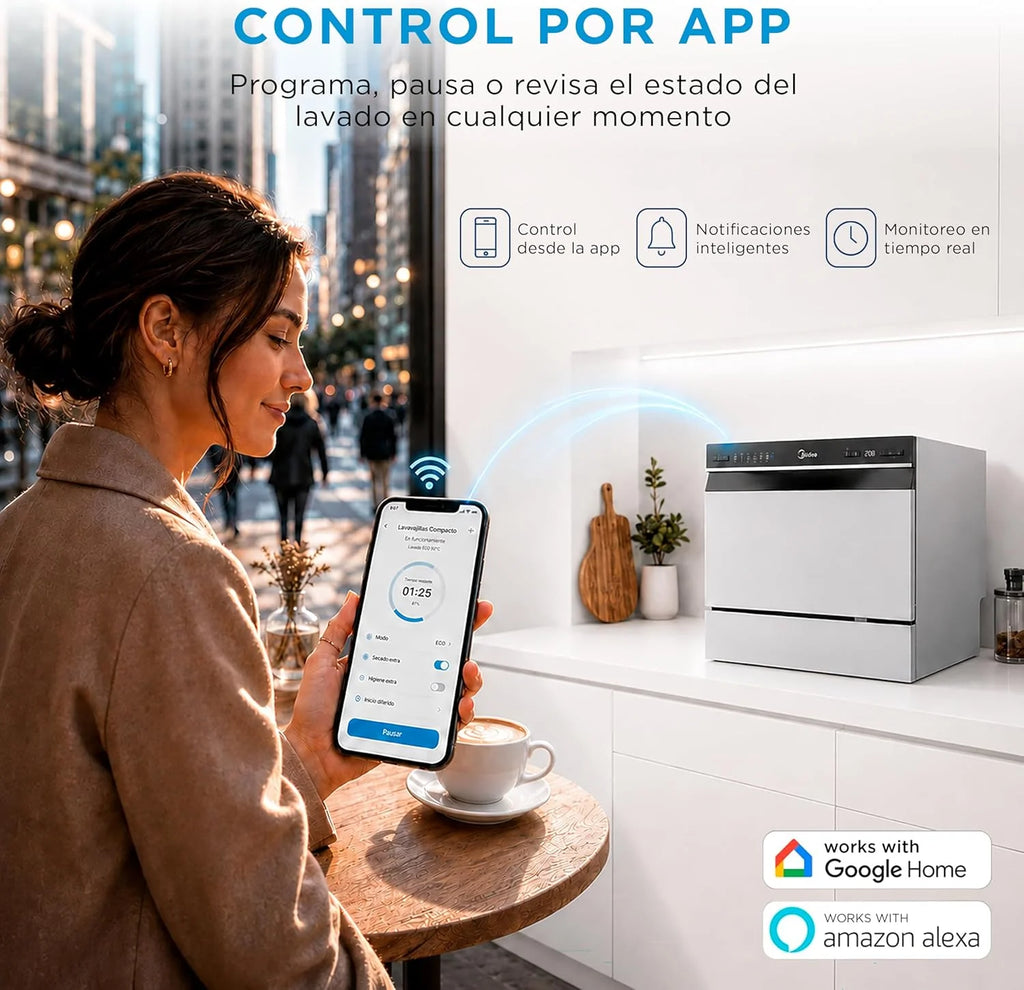 Midea Mała zmywarka, biała, 55 cm, dla 6 osób, kompaktowa i przenośna, bez instalacji, zmywarka z aplikacją Control, 6 programów, filtr antybakteryjny 49 dB, nowy model