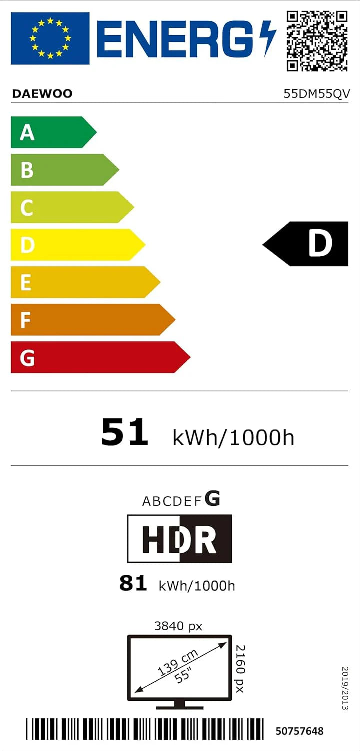 Daewoo 55DM55QV QLED Smart TV 55 cali 4K Ultra HD HDR, telewizor z Dolby Vision i Dolby Atmos, kompatybilny z Alexa, bezramowa konstrukcja, podstawa boczna