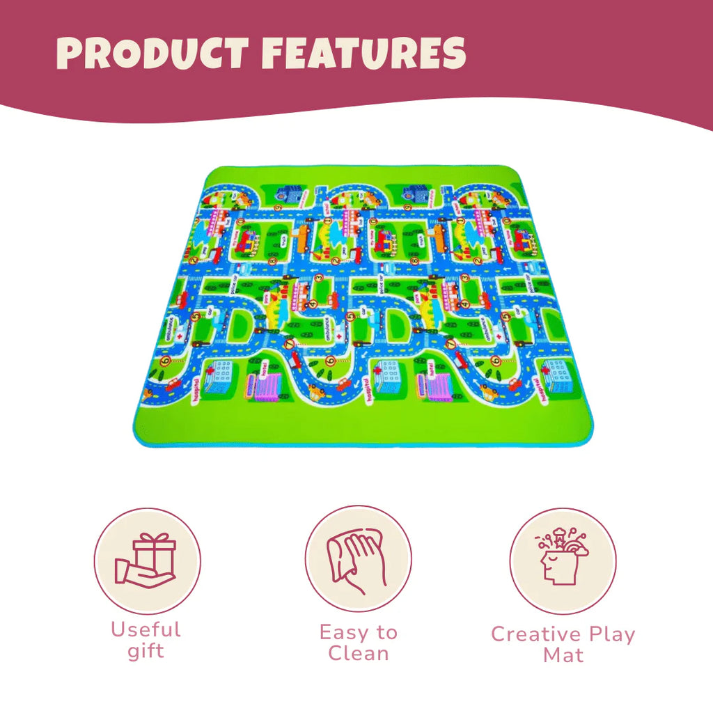 Foldable Car Play Mat for Kids with Cartoon City Map and Road System