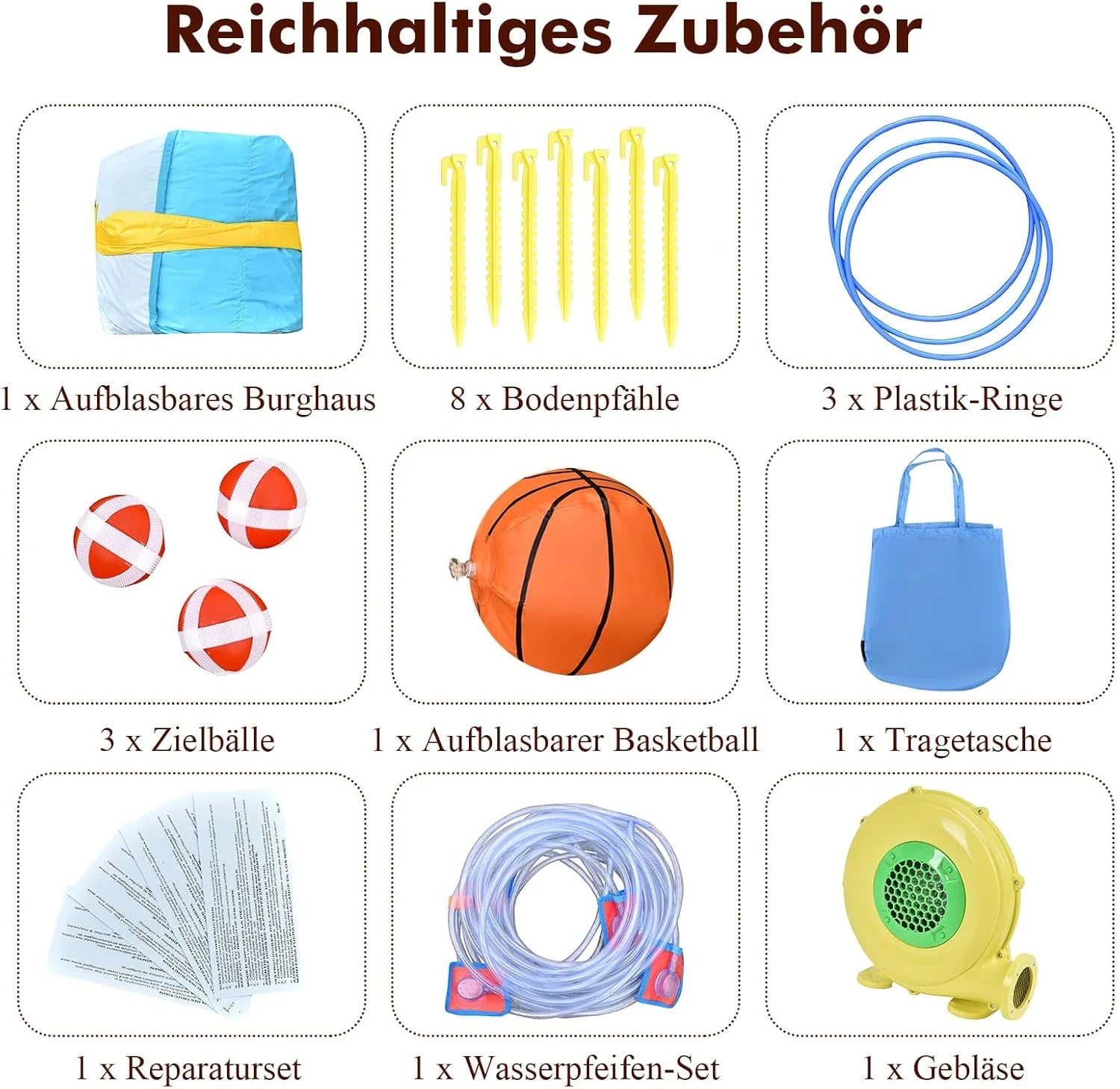 COSTWAY Dmuchany zamek z dmuchawą 680 W, zjeżdżalnia wodna, ścianka wspinaczkowa, kosz do koszykówki, gra w kółko, park wodny na zewnątrz, w zestawie nadmuchiwana piłka do koszykówki, torba do