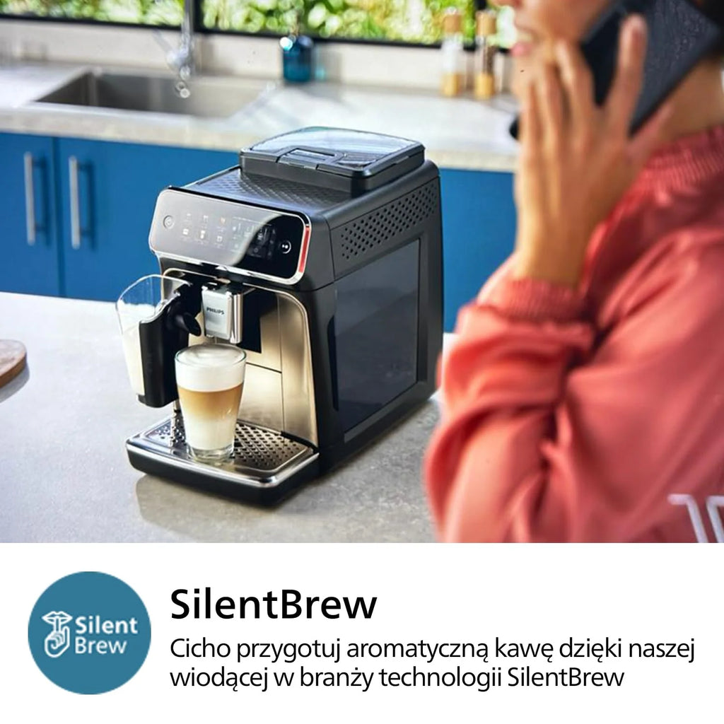 Philips Ekspres do kawy z serii 3300 w pełni zautomatyzowany - 6 napojów, Nowoczesny, Kolorowy ekran dotykowy, LatteGo, SilentBrew, Młynek w 100% ceramiczny, Filtr AquaClean, Czarny chrom (EP3347/90)