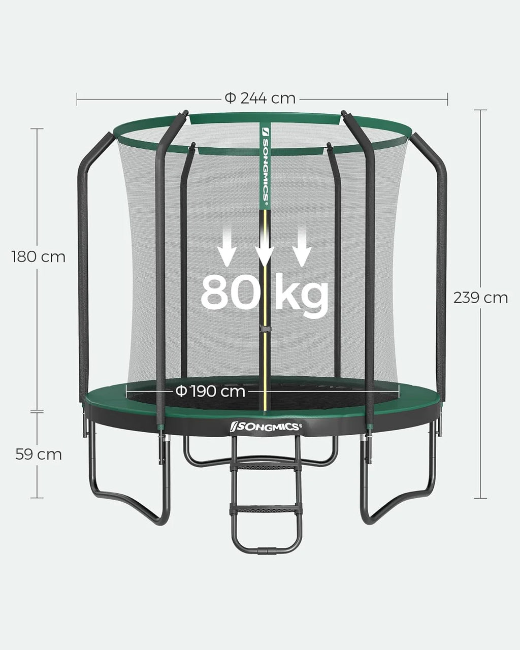 SONGMICS Trampolina Ø 244/305/366/427 cm, certyfikat TÜV Rheinland GS, okrągła trampolina ogrodowa z siatką zabezpieczającą i drabinką, wyściełany stelaż, dla dzieci i dorosłych