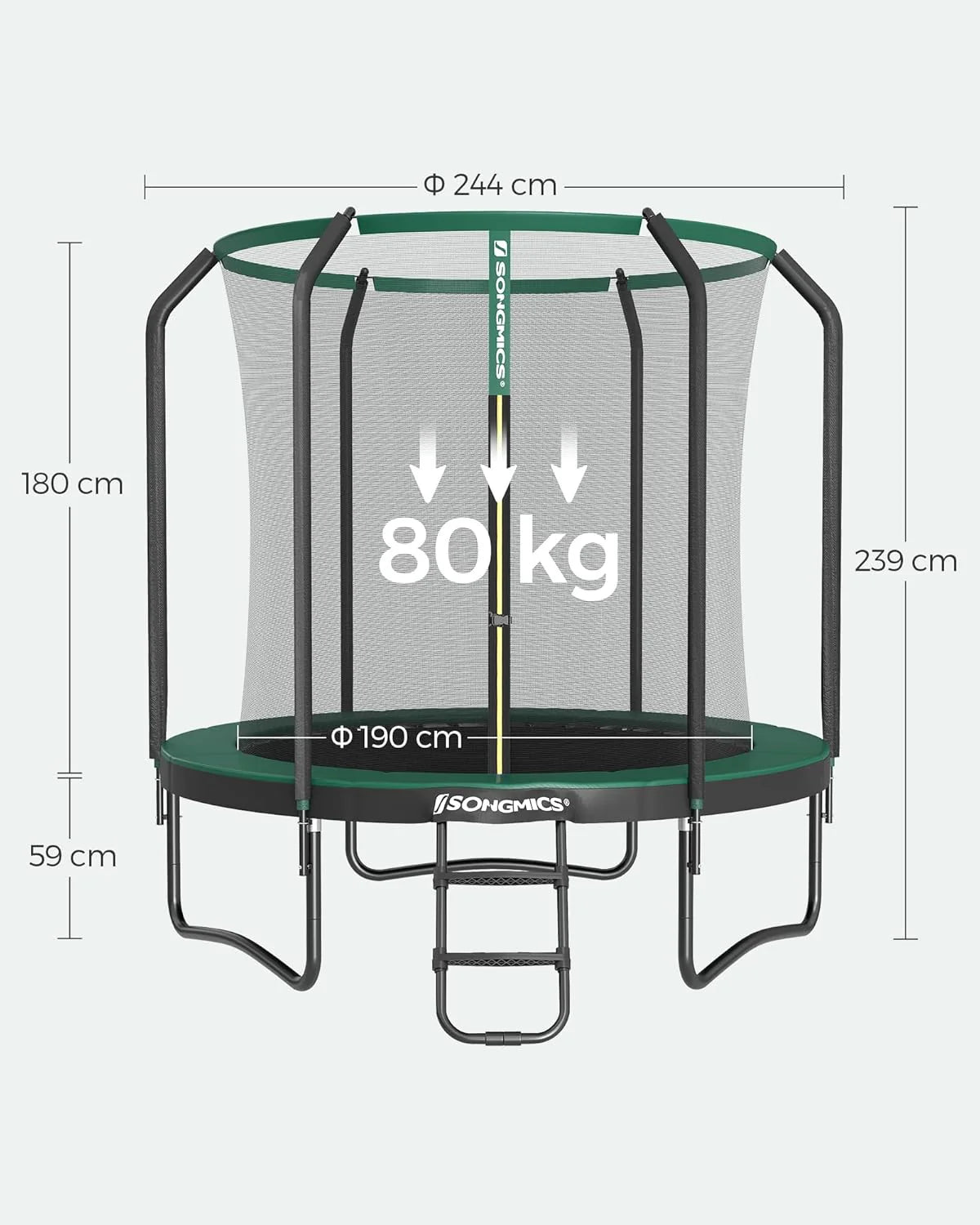 SONGMICS Trampolina Ø 244/305/366/427 cm, certyfikat TÜV Rheinland GS, okrągła trampolina ogrodowa z siatką zabezpieczającą i drabinką, wyściełany stelaż, dla dzieci i dorosłych