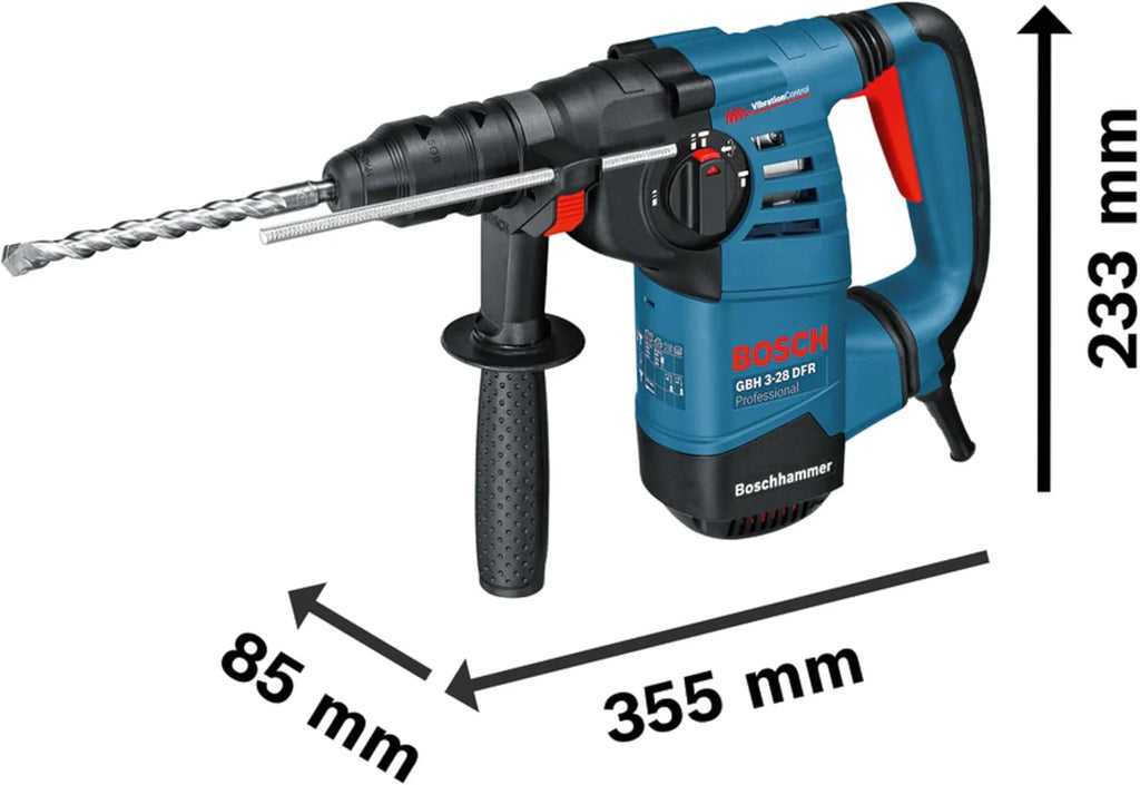 Bosch Professional: młot udarowo-obrotowy GBH 3-28 DFR (800 W, nominalna prędkość obrotowa 0 – 900 min-1, wymienny uchwyt SDS plus, ogranicznik głębokości 210 mm, walizka)