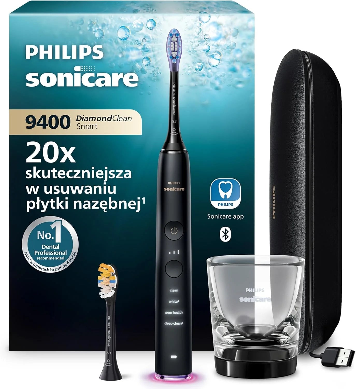 Elektryczna szczoteczka Philips Sonicare DiamondClean Smart 9400, soniczna szczoteczka do zębów z aplikacją, czujnik nacisku, 4 tryby szczotkowania i 3 poziomy intensywności, kolor czarny, HX9918/89