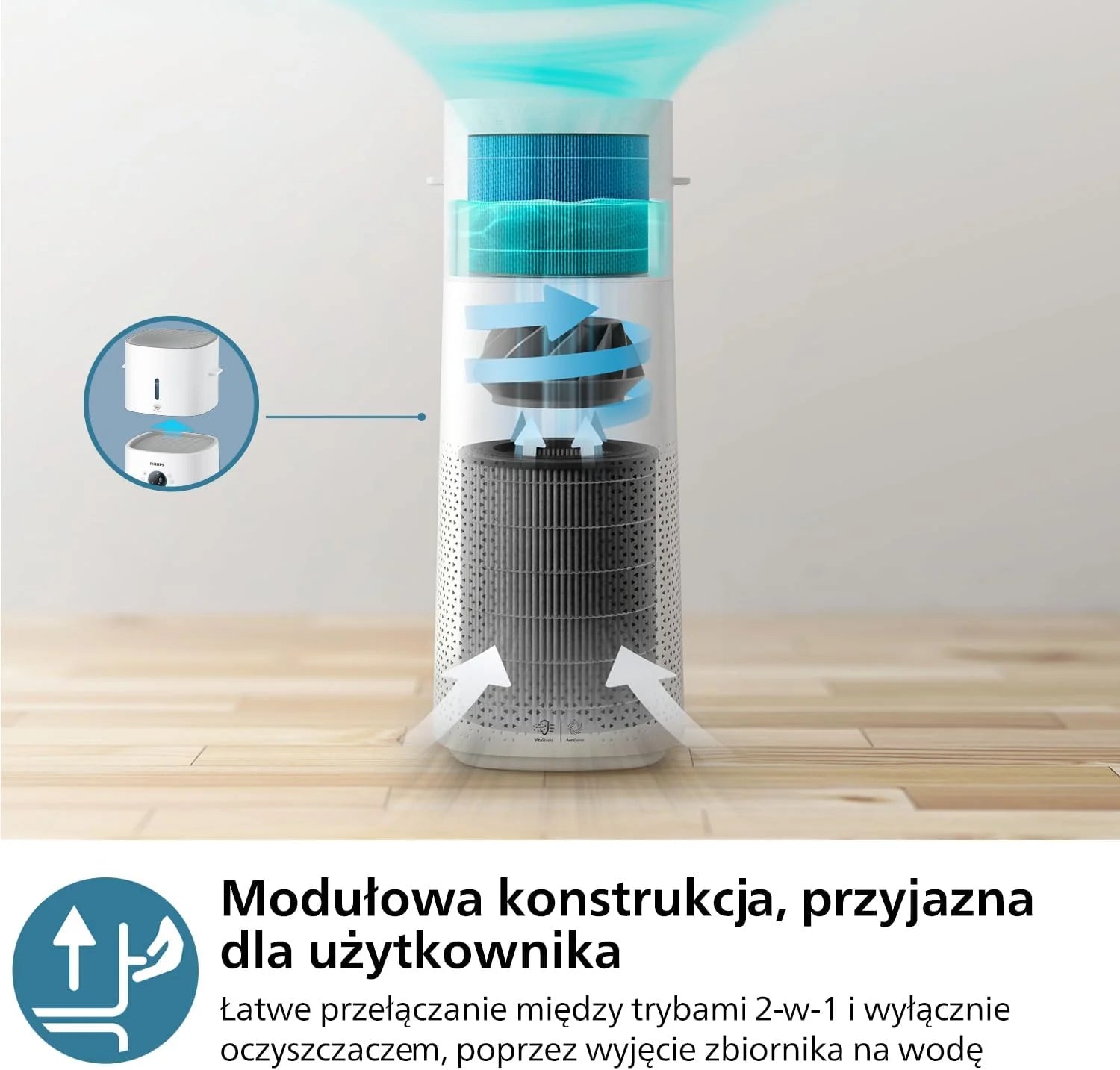 Philips Air Performer 3w1 - wentylator, oczyszczacz powietrza i grzejnik, Filtr NanoProtect HEPA, Usuwa alergeny, wirusy, bakterie, zapachy i 99,97% pyłków z powietrza, Cichy, Kolor Szary (AMF870/15)