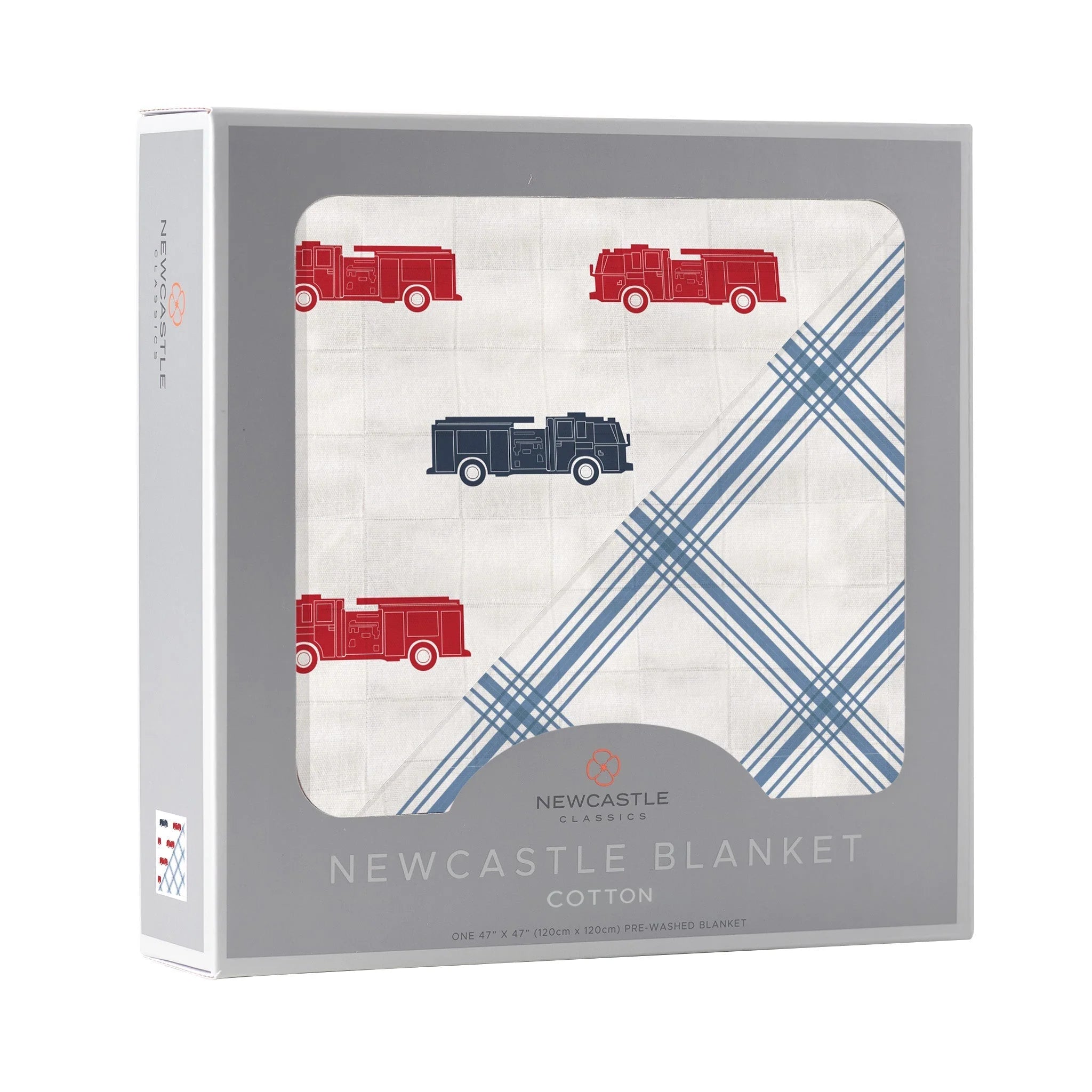 Blue and Red Fire Trucks and Buffalo Check Plaid Blanket