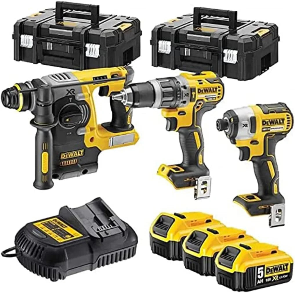 DEWALT Zestaw 3 narzędzi XR 18 V bezszczotkowa wiertarka kompaktowa wkrętarka, wkrętarka udarowa, dziurkacz SDS-Plus, XR 18 V 5 Ah Li-Ion, 3 baterie, 2 zestawy TSTAK DCK368P3T-QW