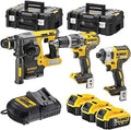 DEWALT Zestaw 3 narzędzi XR 18 V bezszczotkowa wiertarka kompaktowa wkrętarka, wkrętarka udarowa, dziurkacz SDS-Plus, XR 18 V 5 Ah Li-Ion, 3 baterie, 2 zestawy TSTAK DCK368P3T-QW