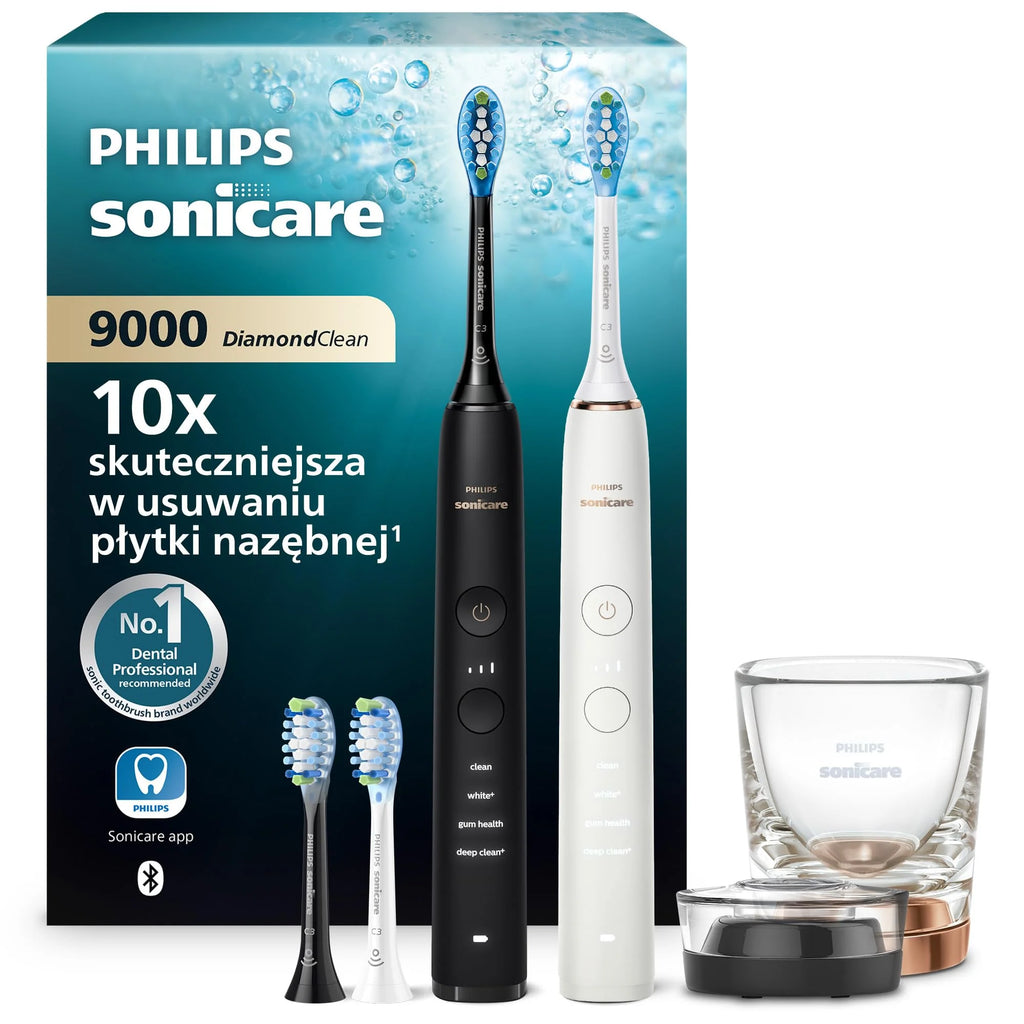 Szczoteczka elektryczna Philips Sonicare DiamondClean 9000, podwójne opakowanie, szczoteczka soniczna z aplikacją, czujnik nacisku, szklanka do ładowania, kolor czarny i Rosegold, model HX9914/61
