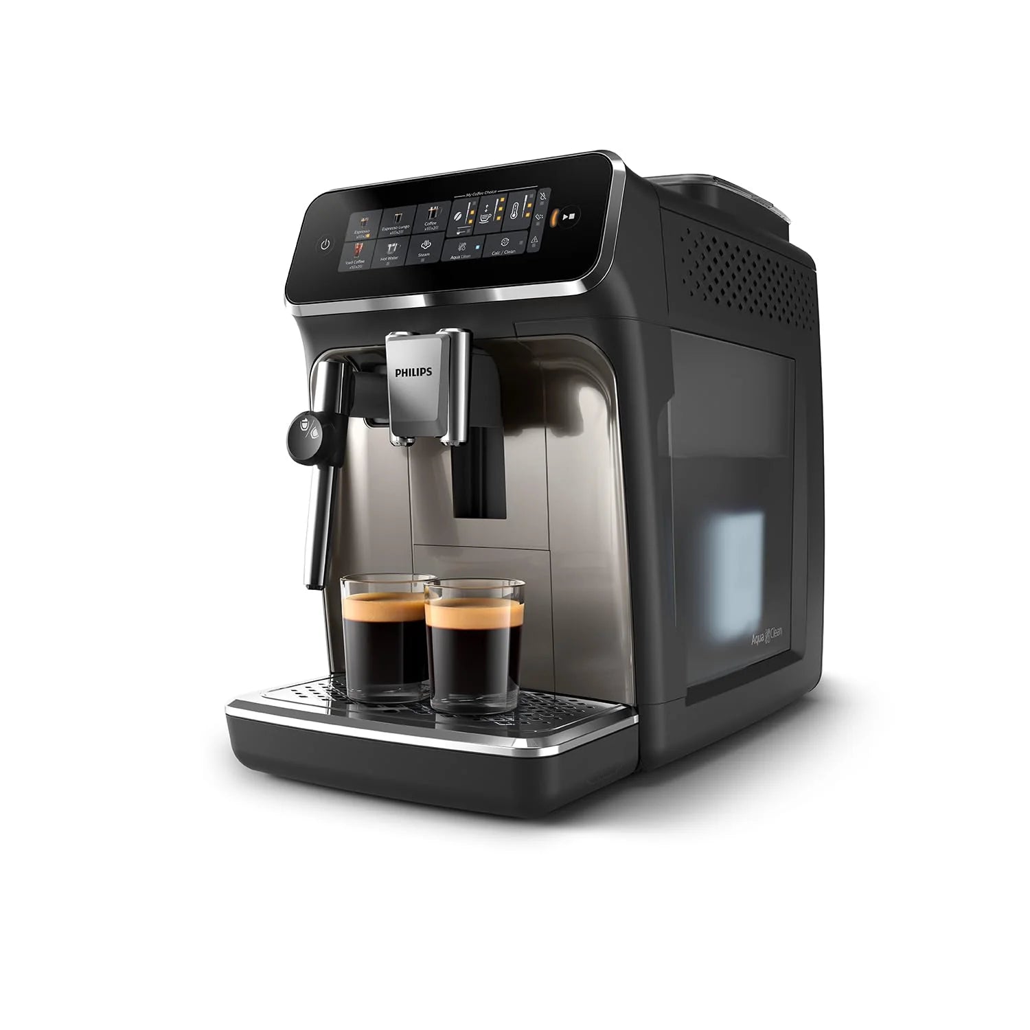 Philips Ekspres do kawy z serii 3300 w pełni zautomatyzowany - 6 napojów, Nowoczesny, Kolorowy ekran dotykowy, LatteGo, SilentBrew, Młynek w 100% ceramiczny, Filtr AquaClean, Czarny chrom (EP3347/90)