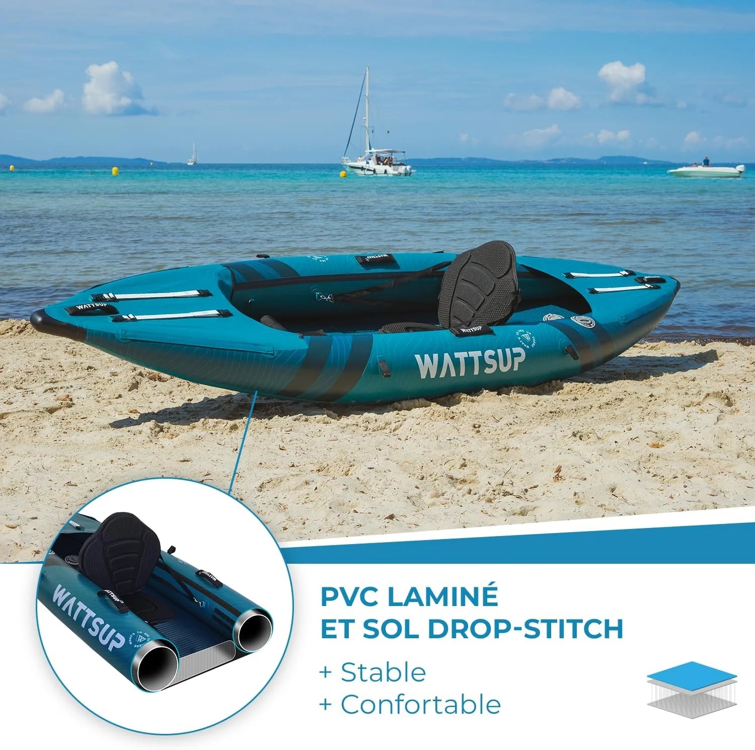 Wattsup Kajak dmuchany COD dla jednej osoby – 310 x 85 cm (10'2 x 33), laminowane tworzywo PVC i konstrukcja Dropstitch, kompletny zestaw, maks. 180 kg