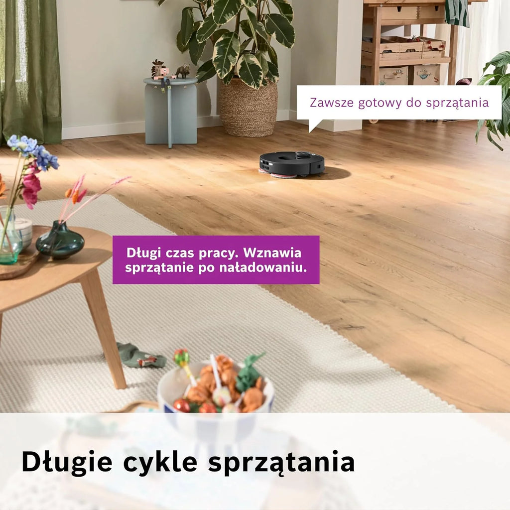 Bosch Spotless Max Robot sprzątający z funkcją mopowania, moc ssania 11 000 Pa, wysuwana nakładka mopującą, stacja czyszczącą, nawigacją Smart Vision, aplikacja Bosch Home Connect, BCRDW3B, czarny