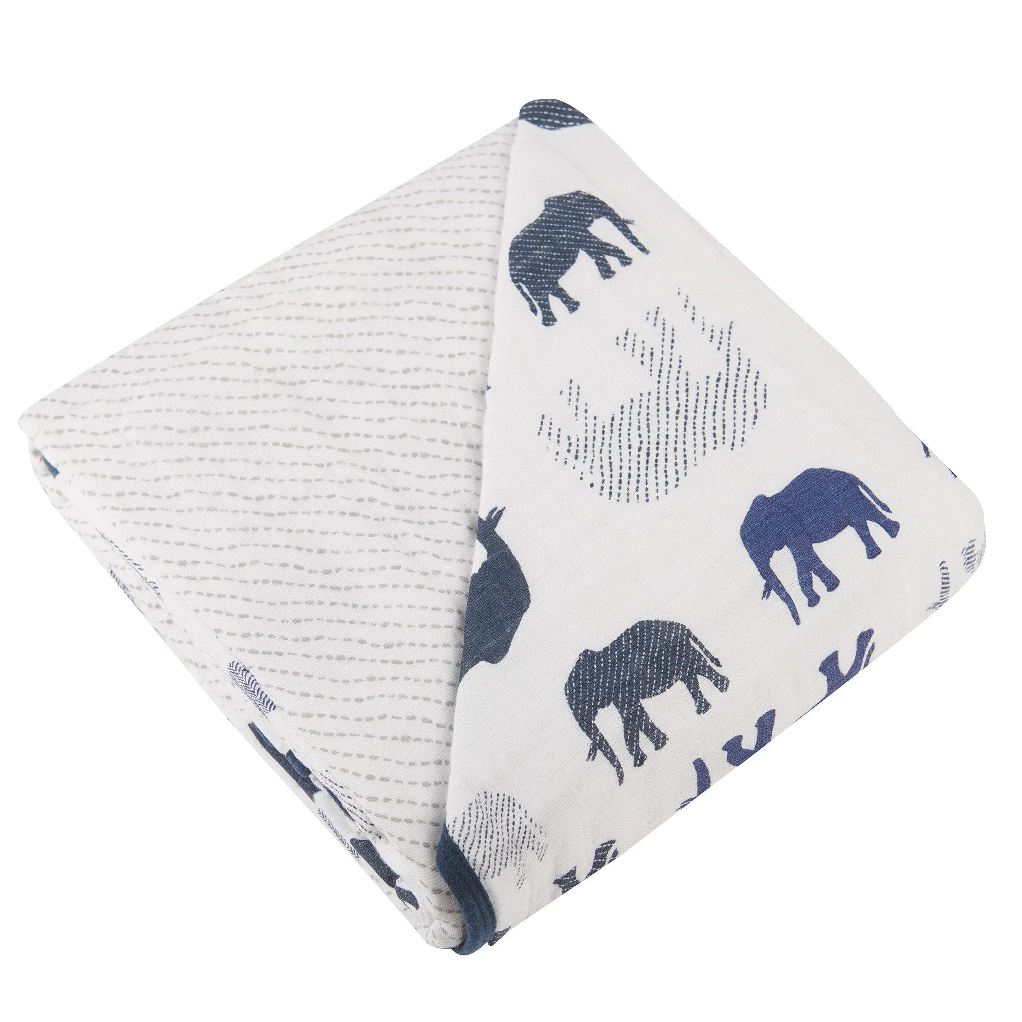 Blue Elephant and Spotted Wave Cotton Muslin Blanket