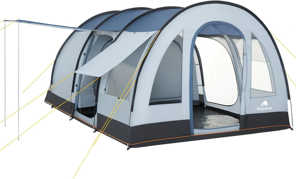 CampFeuer namiot TunnelX dla 4 osób, szary/niebieski, namiot tunelowy z 3 wejściami, słup wody 5000 mm, przyszyta plandeka podłogowa, namiot grupowy, namiot kempingowy, namiot rodzinny