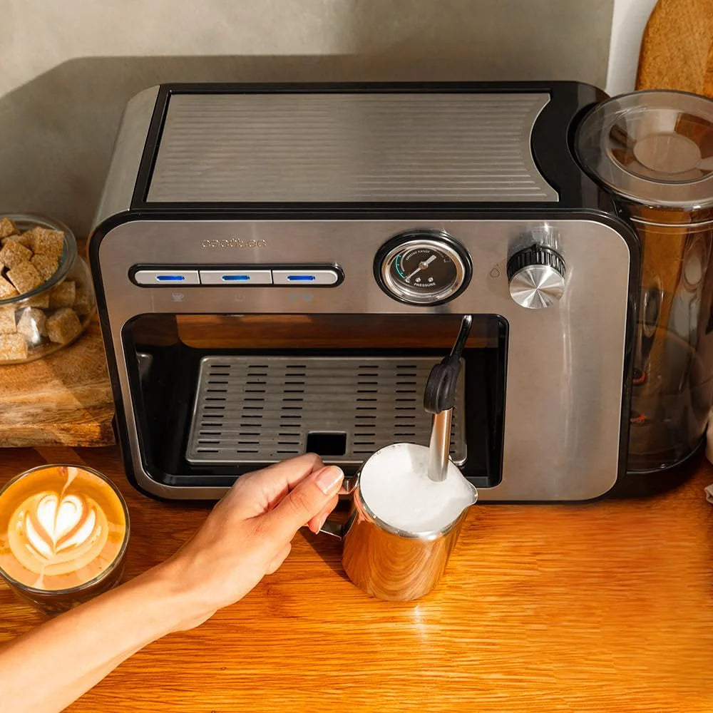 Cecotec Ekspres do kawy z podwójnym wyjściem Power Espresso 20 Barista Cream. 1550 W, 20 prętów, zbiornik na ziarna kawy 250g, młynek z 30 poziomami mielenia, termoblok, zbiornik na wodę 2.5 L